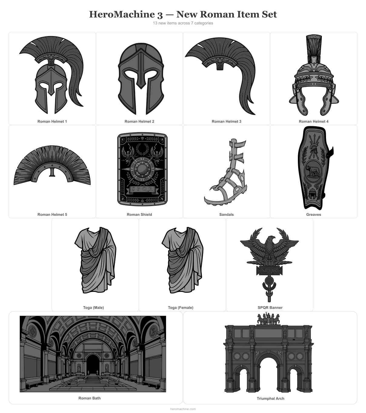 Poster showing 13 new Roman-themed items in HeroMachine 3 Phoenix Edition